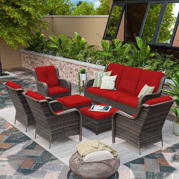 MeetLeisure Brown 7-Piece Wicker Outdoor Patio Conversation Sofa Set with Red Cushion