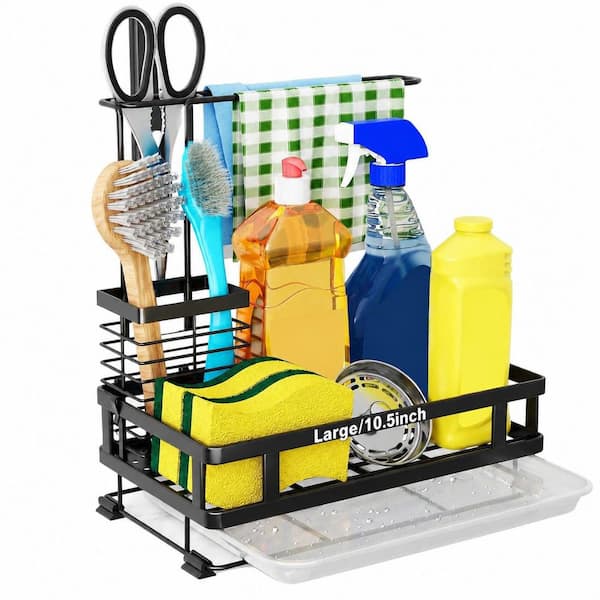 Kitchen Sink Organizer with Brush Rack and Drain Pan Caddy for Sponges and Cleaning Accessories