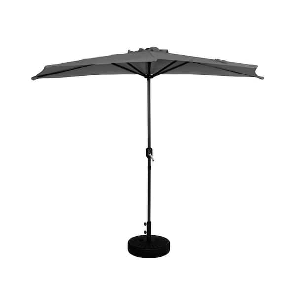 Fiji 9 ft. Gray Half Round Outdoor Patio Market Umbrella with Easy Crank Lift and Fillable Black Round Base