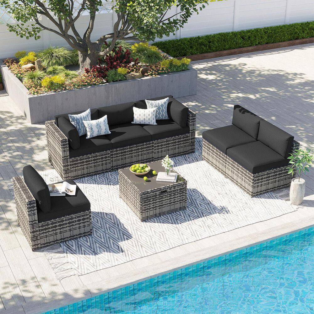 Gray 7-Piece Wicker Rattan Outdoor Patio Conversation Set with Black Cushions, Coffee Table and Set Cover price history on PriceWatchPro