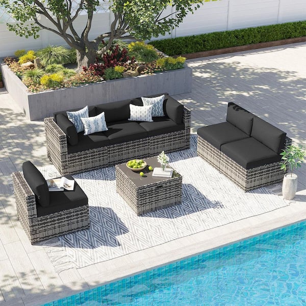 Sizzim Gray 7-Piece Wicker Rattan Outdoor Patio Conversation Set with Black Cushions, Coffee Table and Set Cover