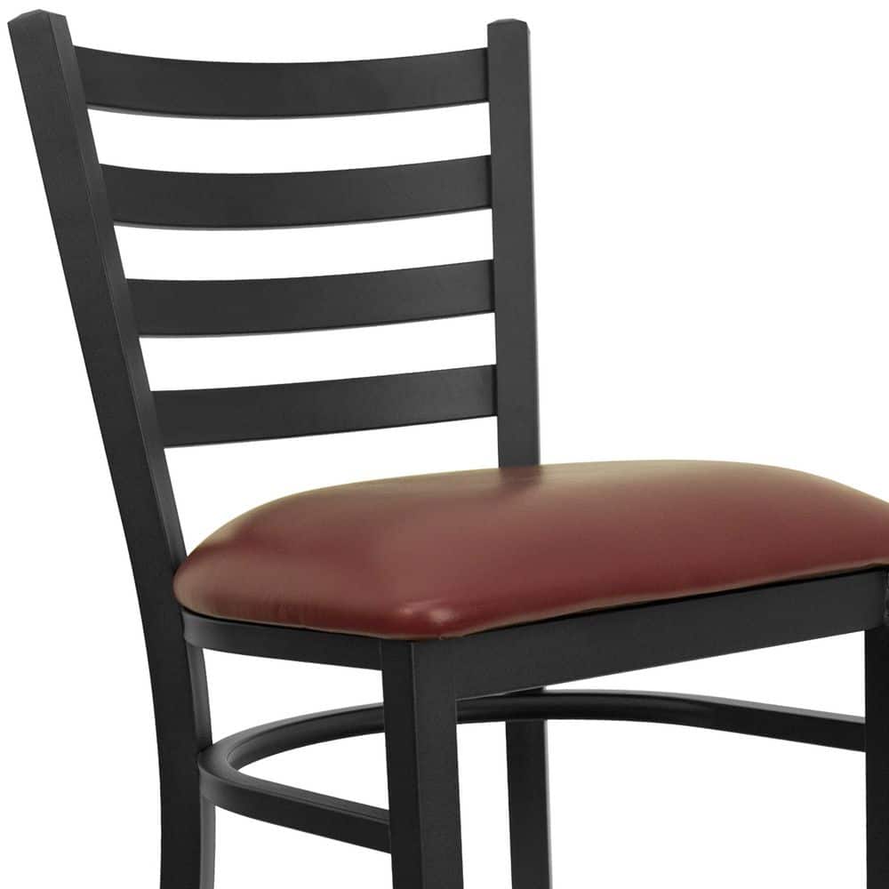 Black Metal Ladder Back Bar Stool with Burgundy Vinyl Seat