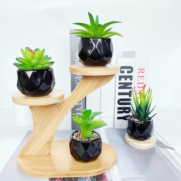 5.47 in. Black Ceramic Indoor Artificial Succulent Plant Set 4