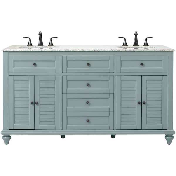 Home Decorators Collection Hamilton Shutter 61 in. W x 22 in. D Double Bath Vanity in Sea Glass with Granite Vanity Top in Gray with White Sink
