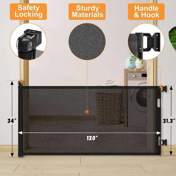 120 in. W x 34 in. H Plastic Retractable Mesh Baby Gate, Mesh Dog Gate for Indoor, Outdoor, Stairs, Hallways