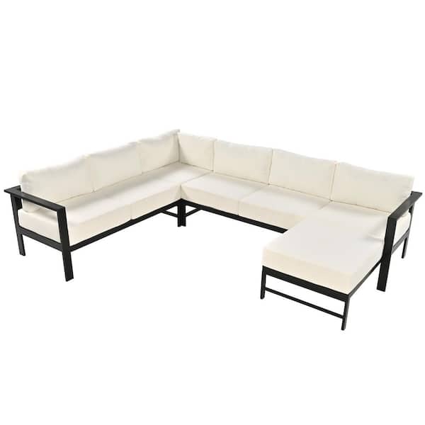 Aluminum Outdoor Sectional Seating Set with White Cushions, Multi-Person Patio Sofa Set for Backyard, Garden, Balcony