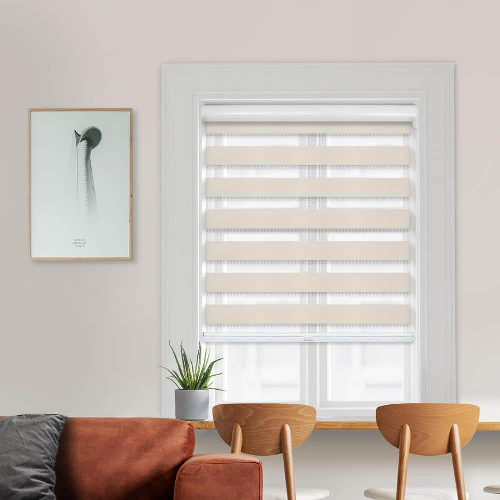 Chicology Cut-to-Size White Dove Cordless Light Filtering Dual Layer Privacy Polyester Zebra Roller Shade 36.5 in. W x 72 in. L, White Dove - Privacy