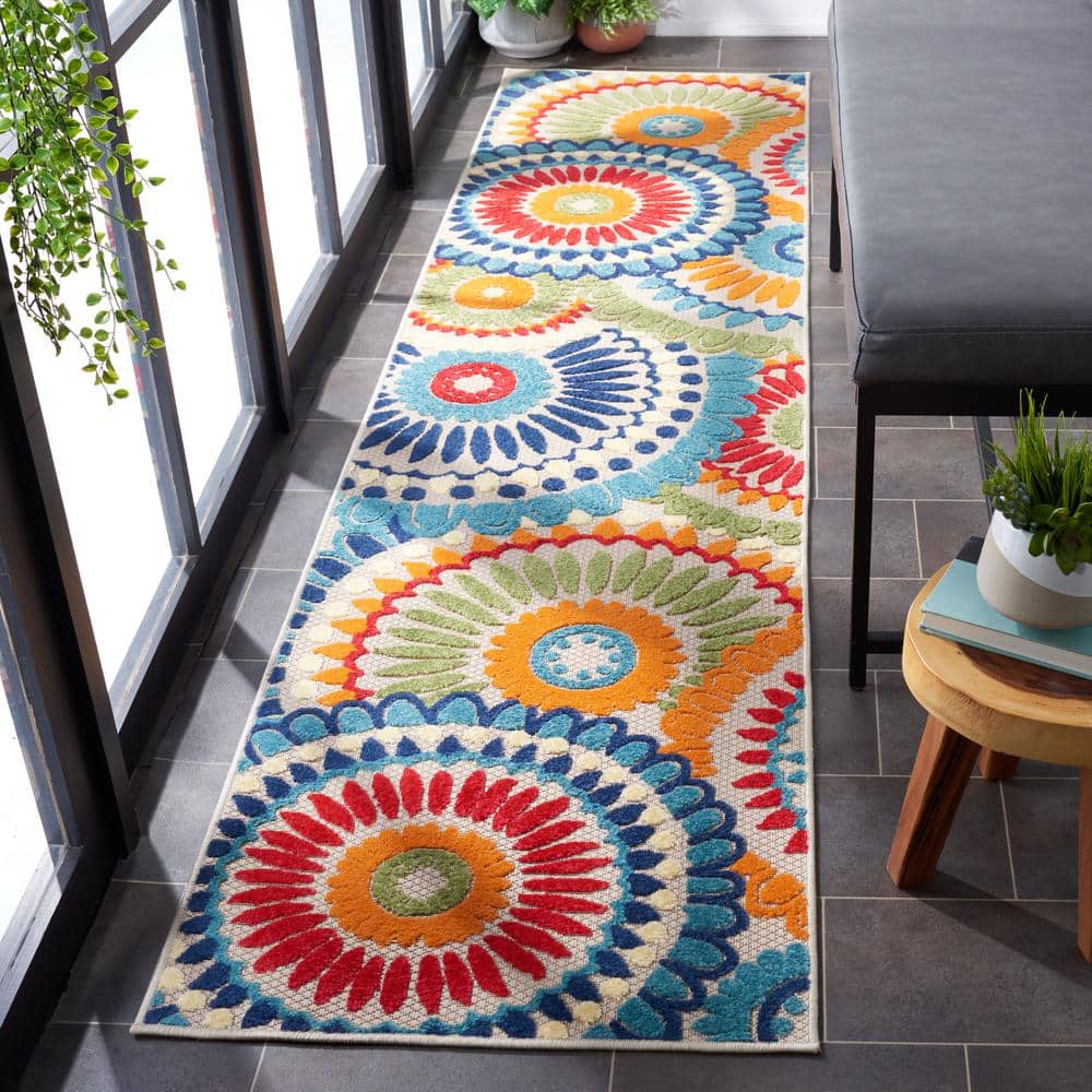 Blue and Ivory Floral Synthetic Indoor/Outdoor Runner Rug