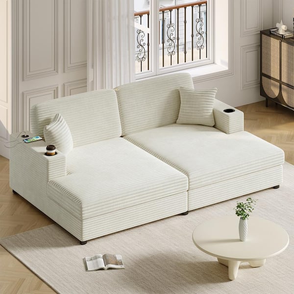 Harper & Bright Designs Oversized 86.5 in. sq. Arm Corduroy Rectangle Chaise Lounge Sofa in Beige with 2-Pillows, 2 USB Ports, 2-Cup Holders