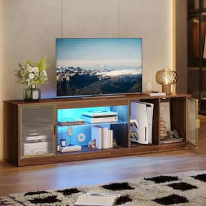 70.8 in. Walnut TV Stand for TVs up to 75 in. with 2 Storage Cabinets and LED Lighted Adjustable Glass Shelf