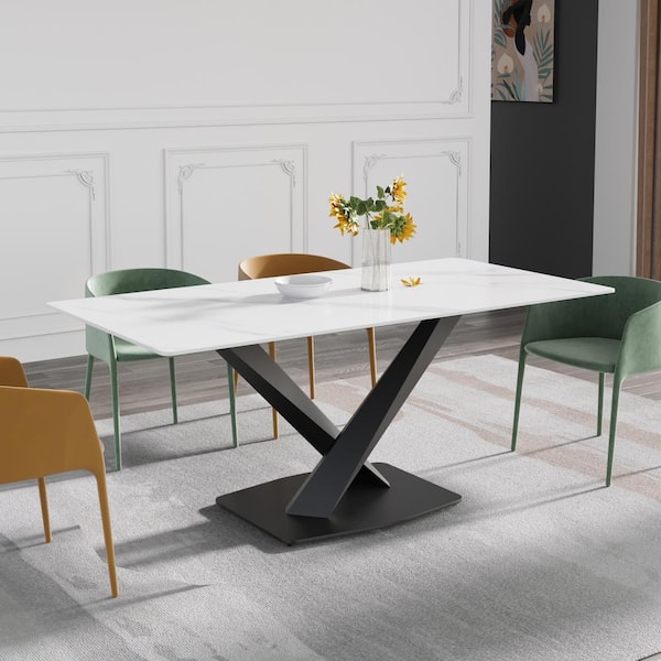 70.87 in. Rectangle White and Black Sintered Stone Tabletop Dining Table with Black Carbon Steel Base (Seats 8)