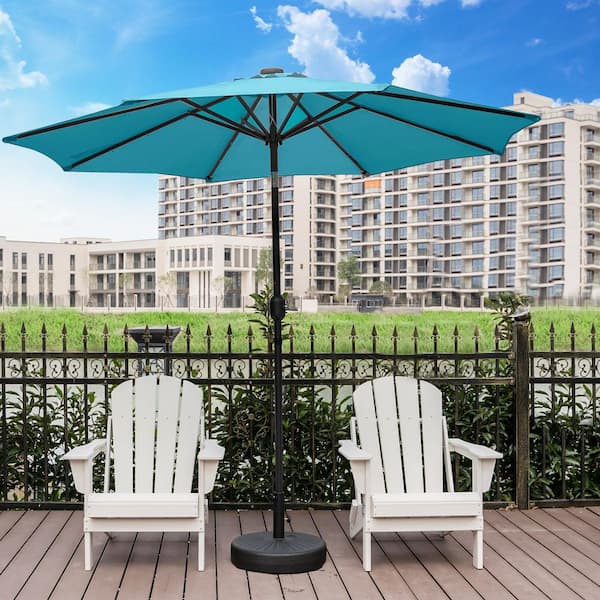 Marina Turquoise 9 ft. Market Solar Powered LED Lighted Tilt Patio Crank Umbrella