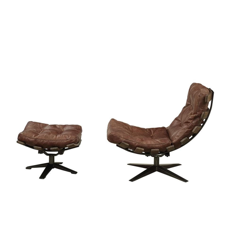 Retro Brown Top Grain Leather Recliner with Ottoman