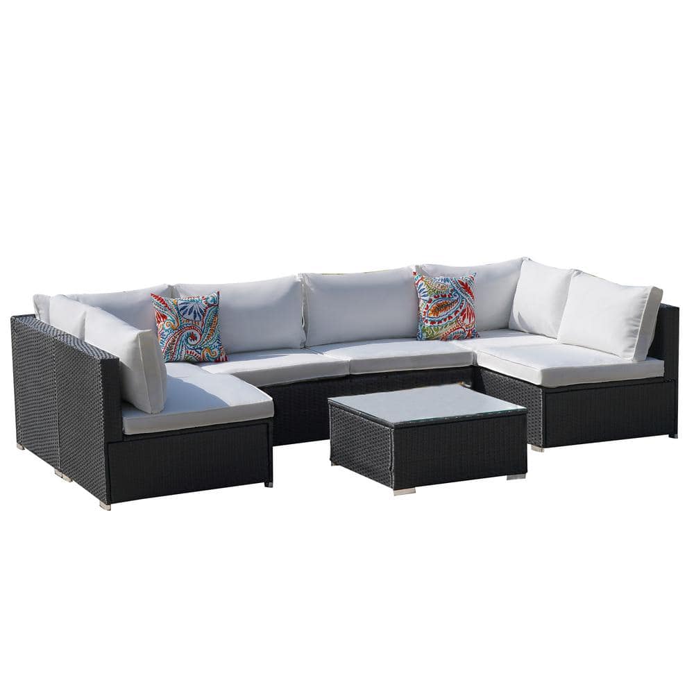 7-Piece Grey Wicker Patio Conversation Set with Cushions