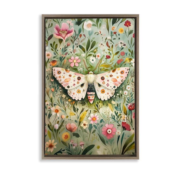 Stupell Industries Floral Moth and Botanicals by The Dutch Lady Brown Floater Frame Nature Graphic Art Print 25 in. x 17 in.
