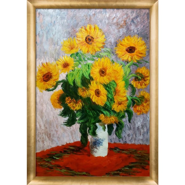 LA PASTICHE Sunflowers by Claude Monet Gold Luminoso Framed Abstract Oil Painting Art Print 27 in. x 39 in.