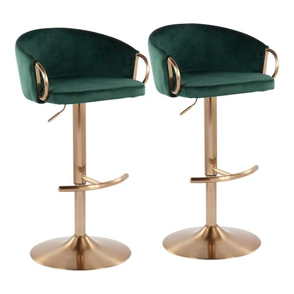 Lumisource Claire 42.25 in. Green Velvet and Gold Metal Adjustable Bar Stool (Set of 2)