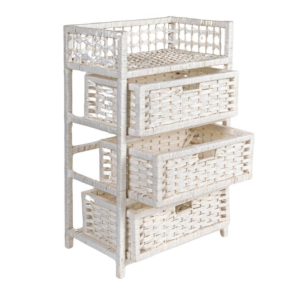 White Woven Paper Rope 3-Drawer Storage Chest with Top Shelf
