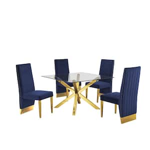 Anitta 5-Piece Square Glass Top with Gold Stainless Steel Base Table Set with 4-Navy Blue Velvet Chair, Nail Head Trim