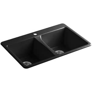 Deerfield Drop-In Cast Iron 33 in. 1-Hole Double Bowl Kitchen Sink in Black Black