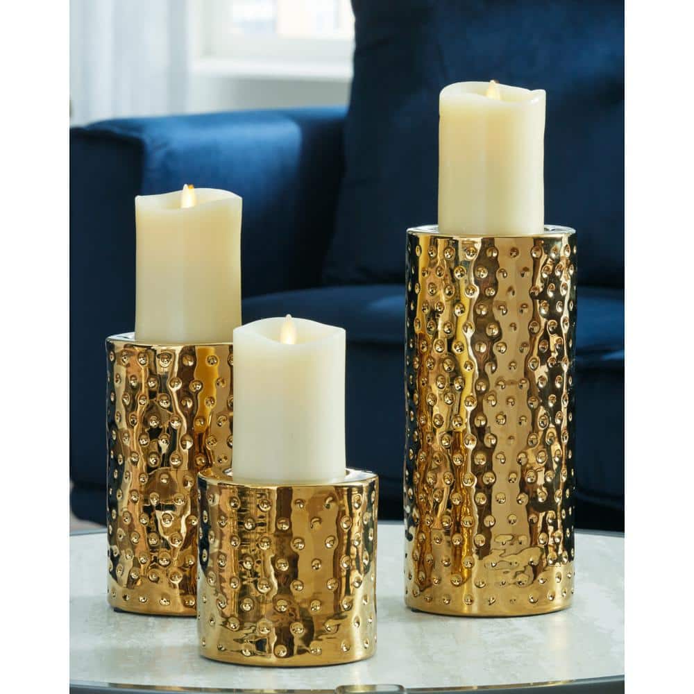 Marisa Gold Glazed Ceramic Contemporary Candle Holder Set