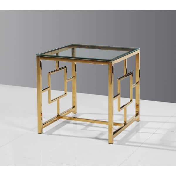 Contemporary Chrome Square Glass Top End Table with Gold Base