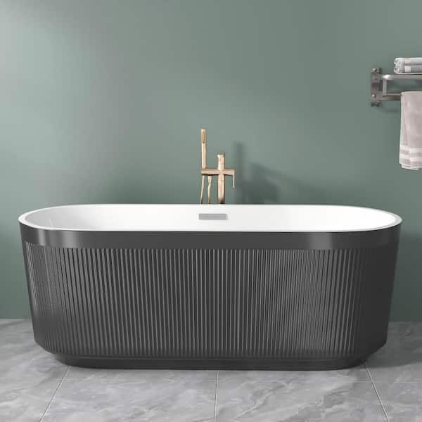 59 in. x 30 in. Acrylic Freestanding Soaking Bathtub w/ Unique Pleated Design in Black Chrome Overflow and Pop-Up Drain