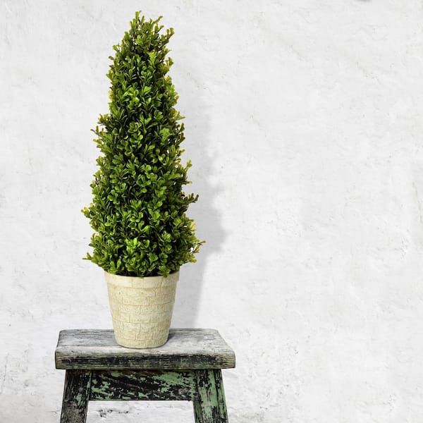 24 in. Green Artificial Boxwood Cone Topiary in Pot