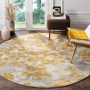 Evoke Gray/Gold 7 ft. x 7 ft. Round Floral Area Rug