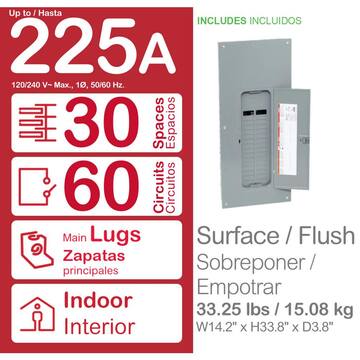 Square D Homeline 225 Amp 30-Space 60-Circuit Indoor Main Lug Plug-On Neutral Load Center w/ Cover, Ground Bar(HOM3060L225PGCVP) HOM3060L225PGCVP