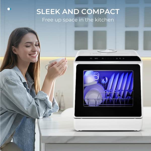 SIMZLIFE 16.85 in. Portable Countertop Dishwasher in White with 3-Cycles, 6-Modes, 4-Place Settings Capacity and LED Touch Screen DW001-5WH-EH-HD