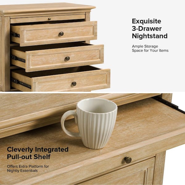 Julia Natural 27 in. H Traditional 3-Drawer Solid Wood Legs Nightstand with Charging Station
