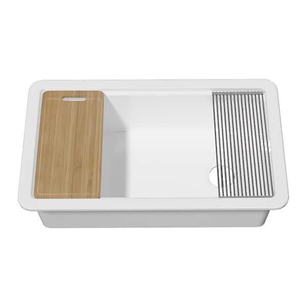 33 in. L x 19 in. W Workstation Kitchen Sink Drop-In/Undermount Single Bowl White Fireclay Sink with Cutting-Board, Grid