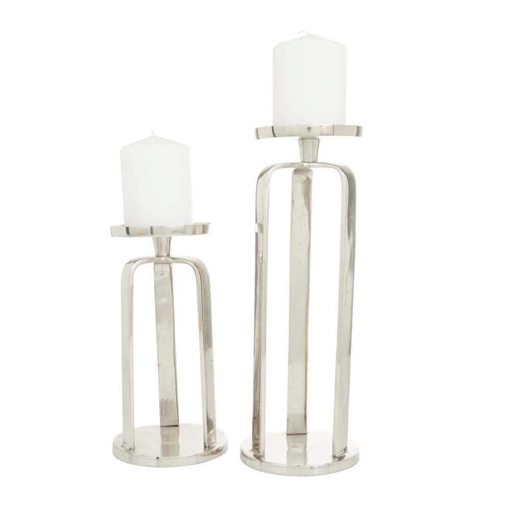 Silver Aluminum Geometric Pillar Candle Holder (Set of 2)