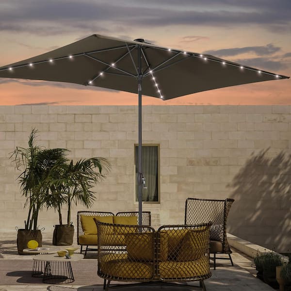 6 ft. x 9 ft. Rectangular Market Umbrella Solar LED with Tilt Function Patio Market Umbrella in Taupe