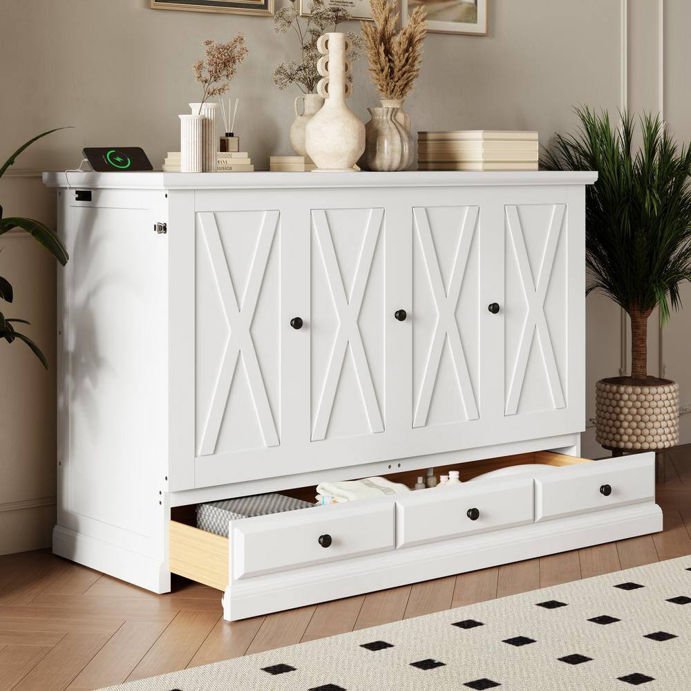 White Wood Frame Queen Size Murphy Bed, Chest Cube Cabinet Bed with Charging Station and Large Storage Drawer - thumbnail 3