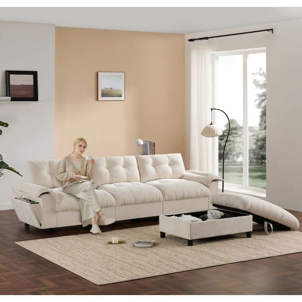 104 in. Chenille L-Shaped Sectional Sofa with Multifunctional Armrest in. Beige