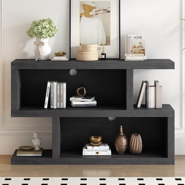 JUJABU 47.2 in. Rectangle Black MDF Retro Console Table with Symmetrical 2-Tier Open Shelf for Entryway and Living Room