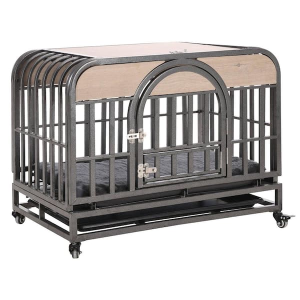 Miscool Any 37 in. W Heavy-Duty Dog Crate, Furniture Style Dog Crate Removable Trays and Wheels for High Anxiety Dogs in Gray