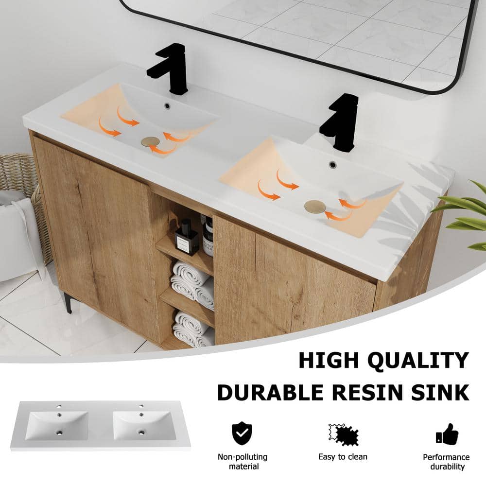 48" Imitative Oak Freestanding Double Sink Bathroom Vanity
