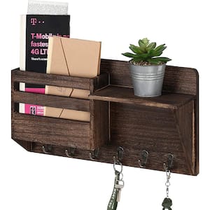 Brown Mail and Key Holder for Wall with 6-Key Hooks 1-Compartment Rustic Wall Mail Sorter with Shelf