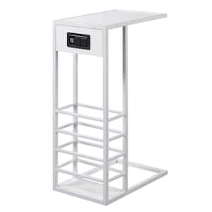 Javion White/White End Table with Magazine Holder, 2-USB Charging Ports, 2-Outlets and Power Plug