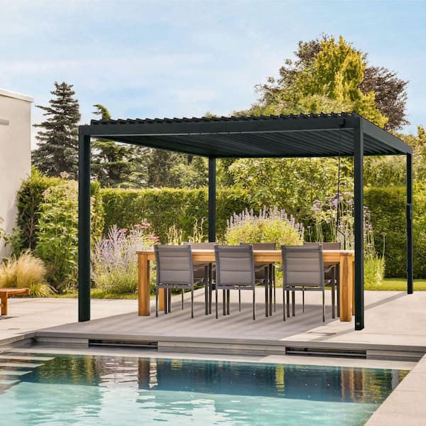 Backyard Discovery Sarasota 16 ft. x 10 ft. Black Powder Coated Steel Louvered Pergola with Integrated Drainage and Gutter Guards