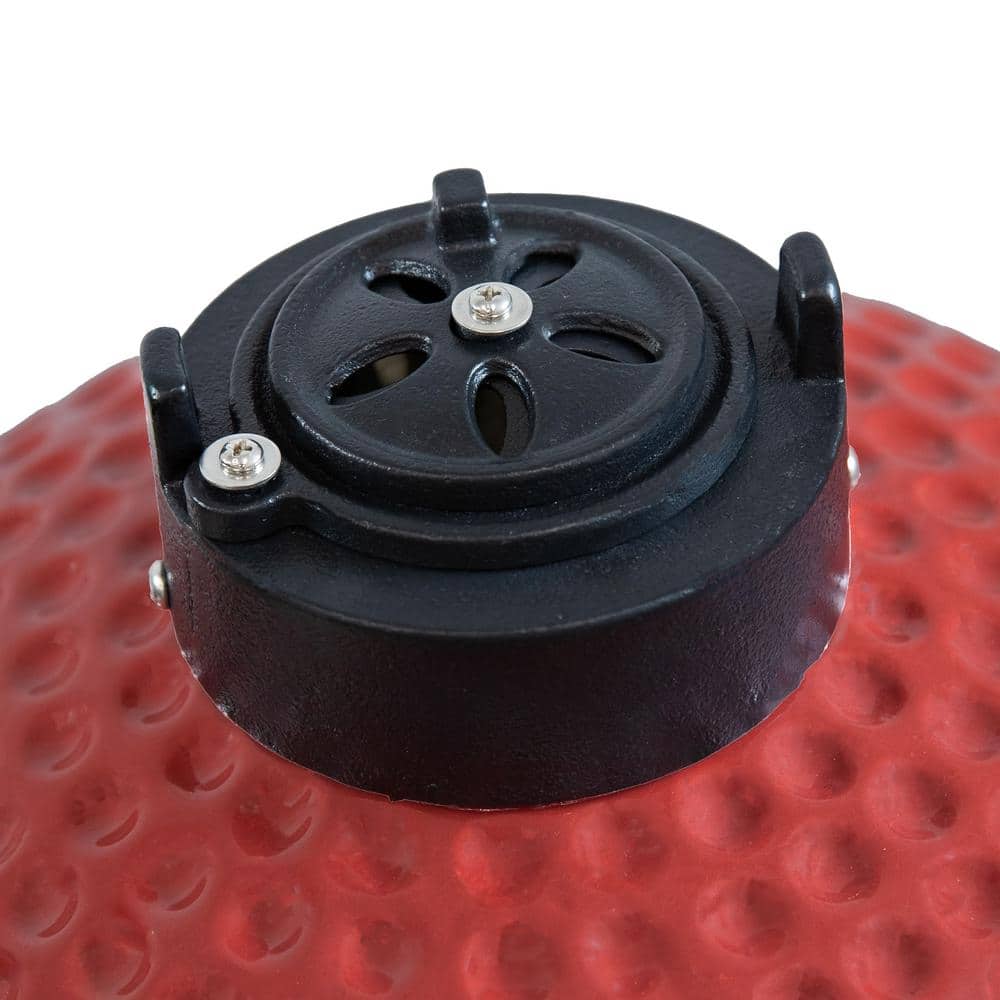Red Ceramic Kamado Grill with Smoker and Bamboo Side Tables