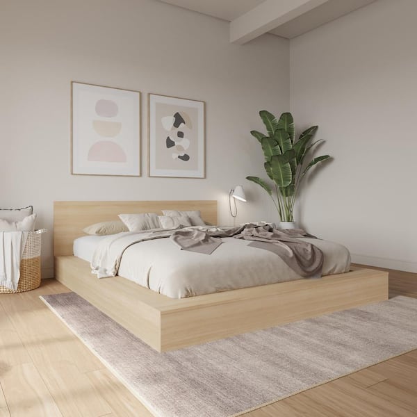 Kanso Beige Oak Frame Queen Size Low Profile Platform Bed with Headboard