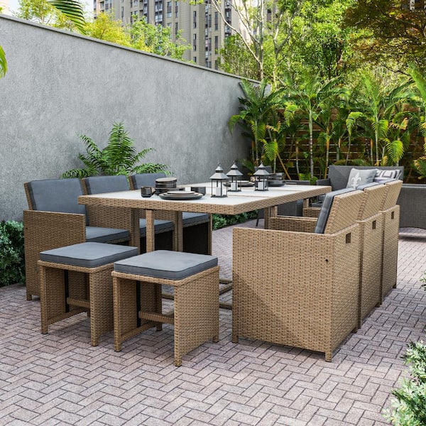 MUSE & LOUNGE Jedda Natural 11-Piece Wicker Rectangular Outdoor Dining Set with Gray Cushions