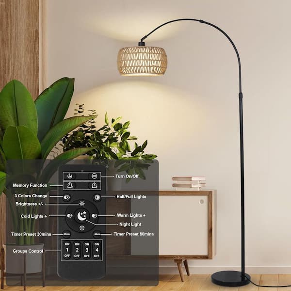 72 in. Brown & Black 1-Light Smart Arc Floor Lamp with Rattan & Fabric Double Drum Shade, Remote and Dimmable Bulb