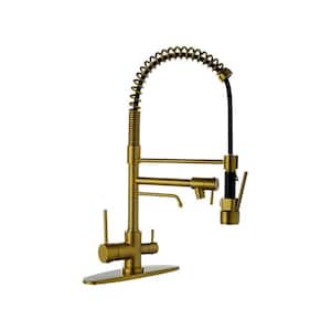 Spring Double Handle Pull Down Sprayer Kitchen Faucet with Drinking Water Outlet, Pot Filler Spray in Brushed Gold