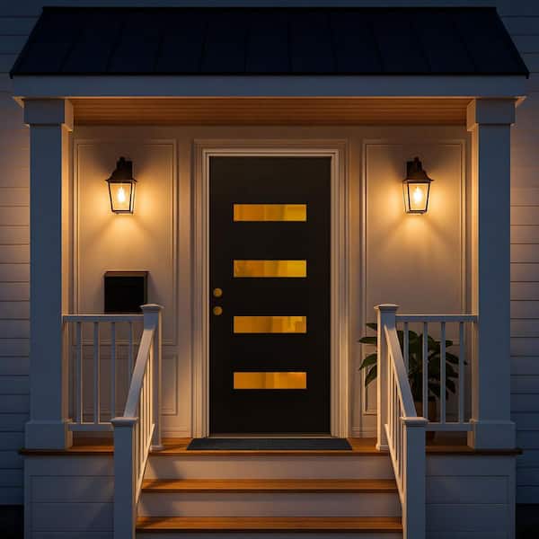 36 in. x 80 in. Right-Hand 4-Lite Flush Frosted Glass Black Fiberglass Front Door Slab with Frame, Hinges, Threshold