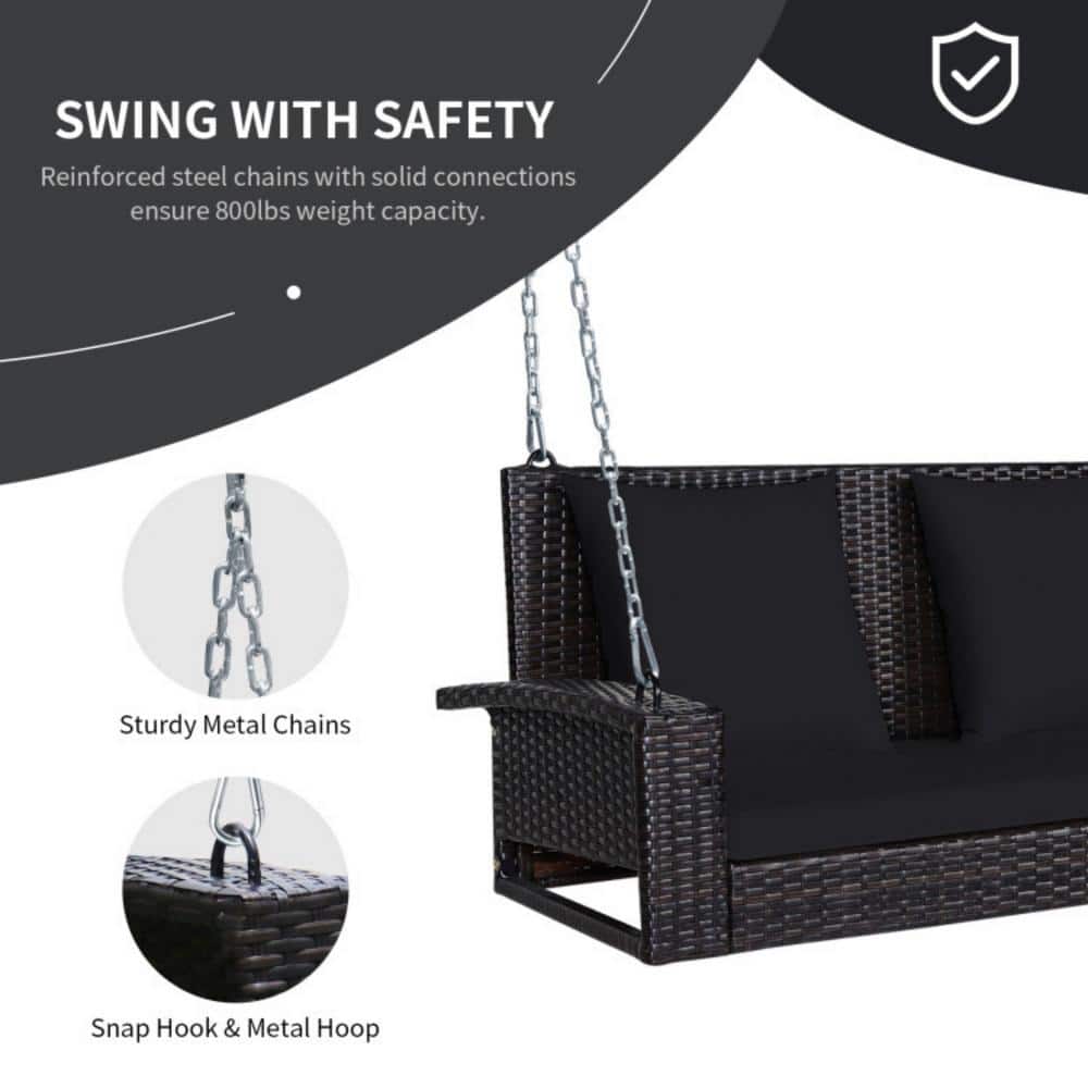 Black Wicker 2-Person Patio Swing with Cushions